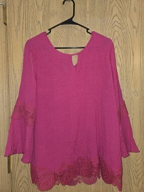 Cato Hot Pink Lace-Trim Bell Sleeve Top